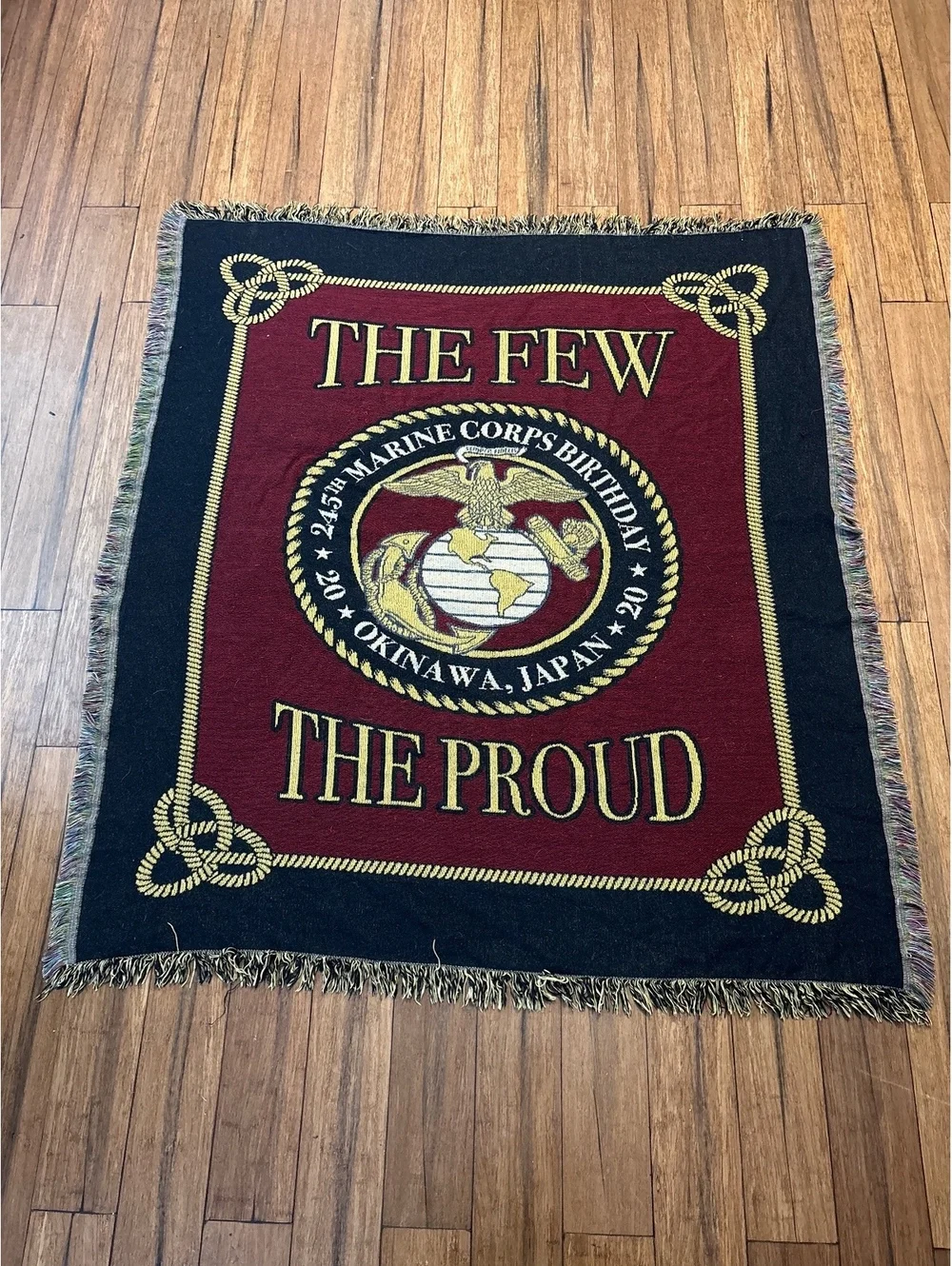 USMC Woven Throw Blanket Unisex 54x60 Burgundy Excellent 245th Birthday Okinawa